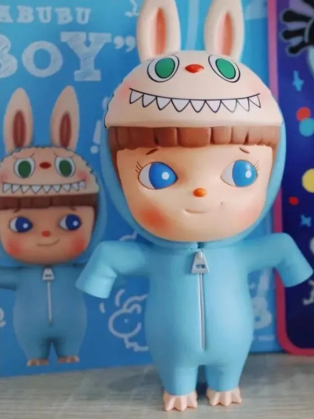 2022 Labubu Boy. Cute Hoodie Vinyl Figurine - Blue. Open box.